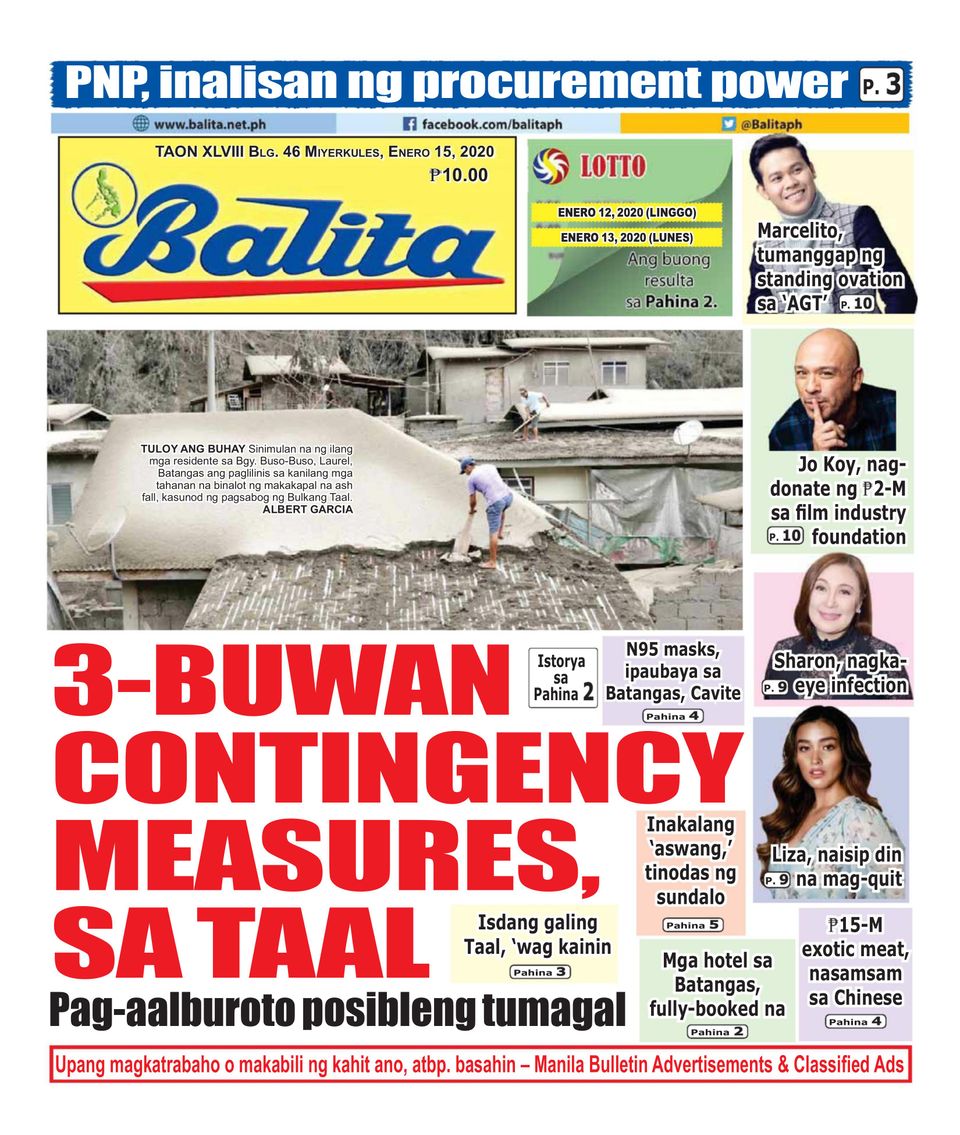 Balita January 15 2020 Newspaper Get Your Digital Subscription