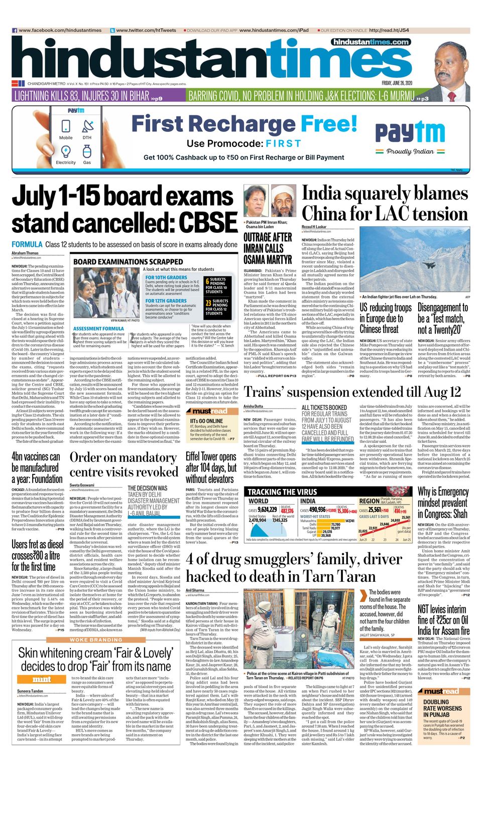 Hindustan Times ChandigarhJune 26, 2020 Newspaper