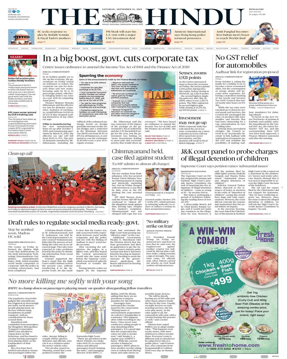 The Hindu BangaloreSeptember 21, 2019 Newspaper