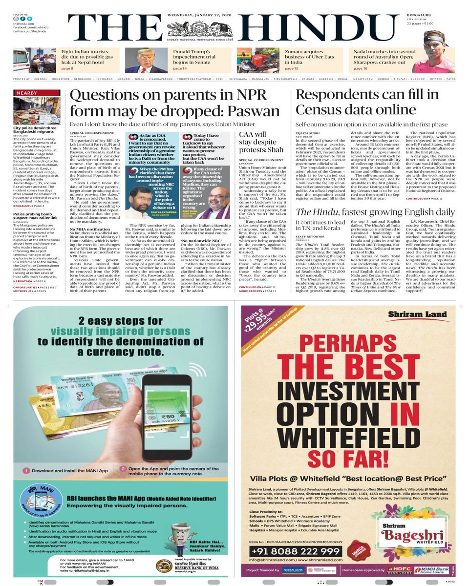 The Hindu BangaloreJanuary 22, 2020 Newspaper