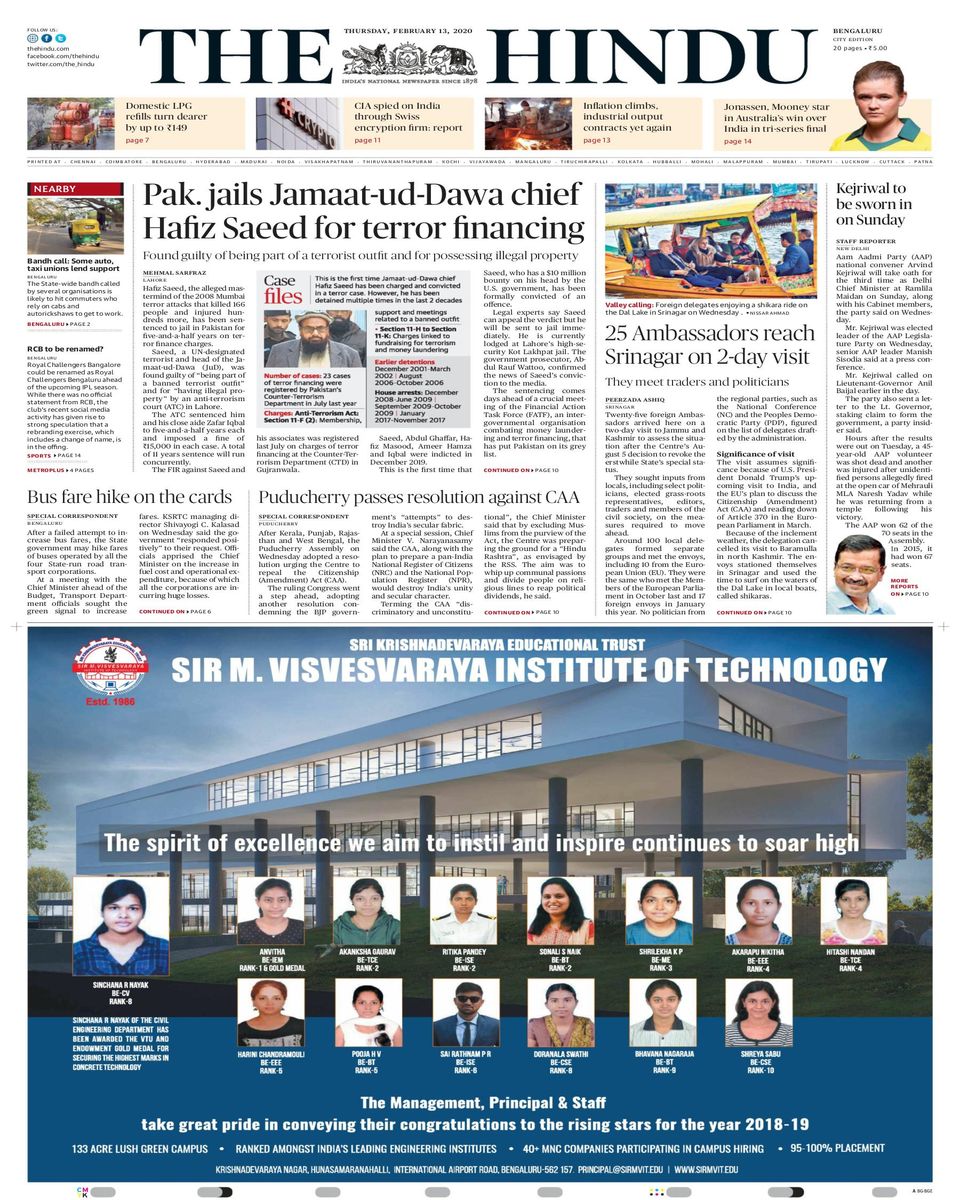 The Hindu BangaloreFebruary 13, 2020 Newspaper
