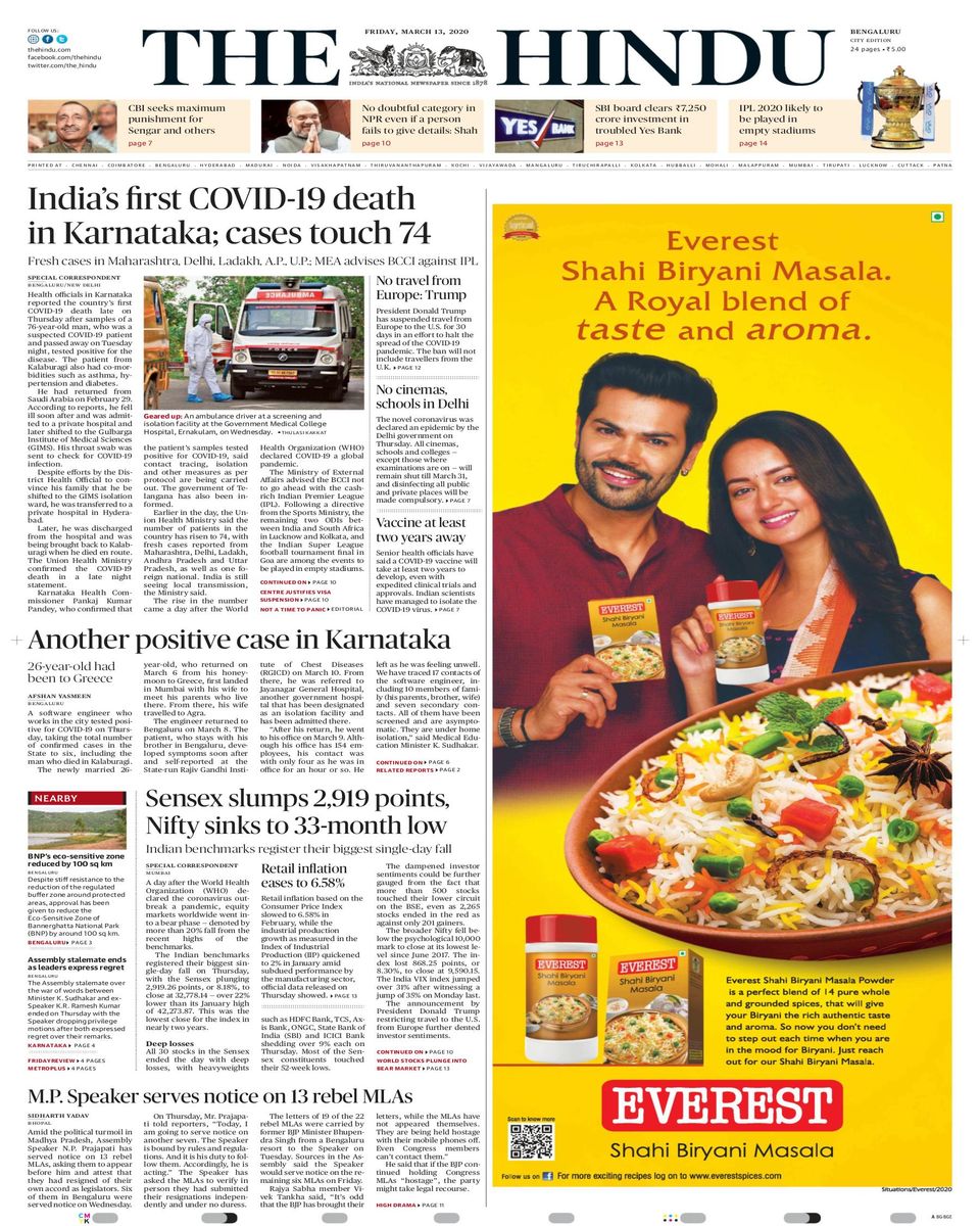 The Hindu BangaloreMarch 13, 2020 Newspaper Get your Digital