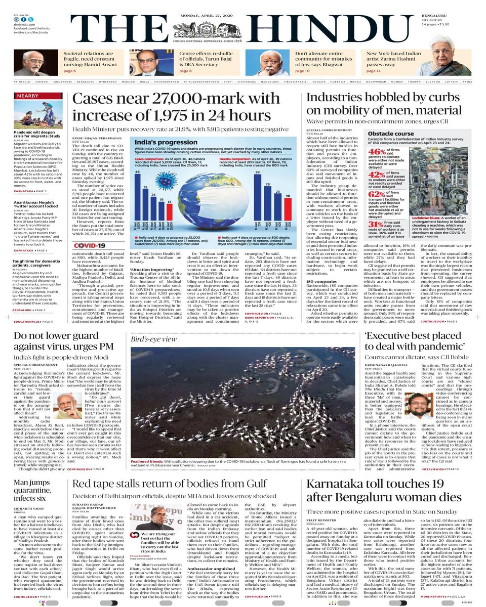 The Hindu BangaloreApril 27, 2020 Newspaper Get your Digital
