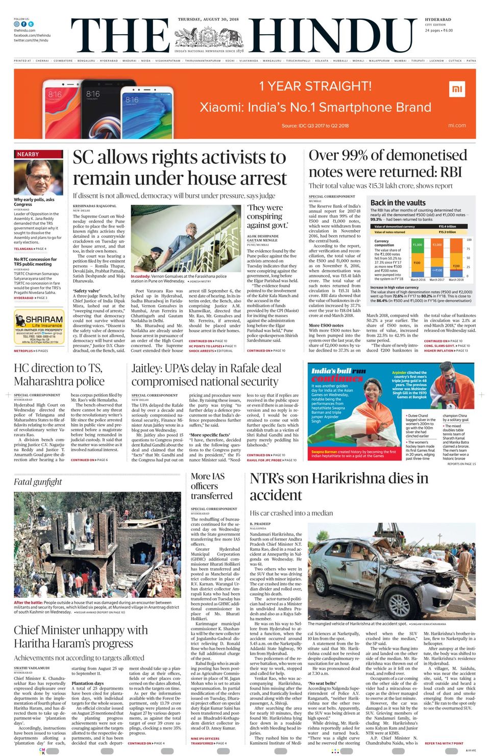 The Hindu HyderabadAugust 30, 2018 Newspaper Get your Digital