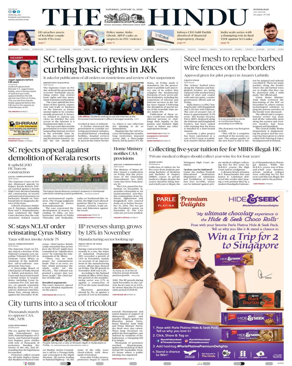 The Hindu HyderabadJanuary 11, 2020 Newspaper