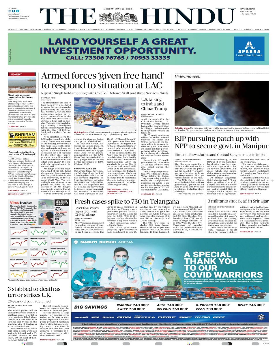The Hindu HyderabadJune 22, 2020 Newspaper Get your Digital Subscription