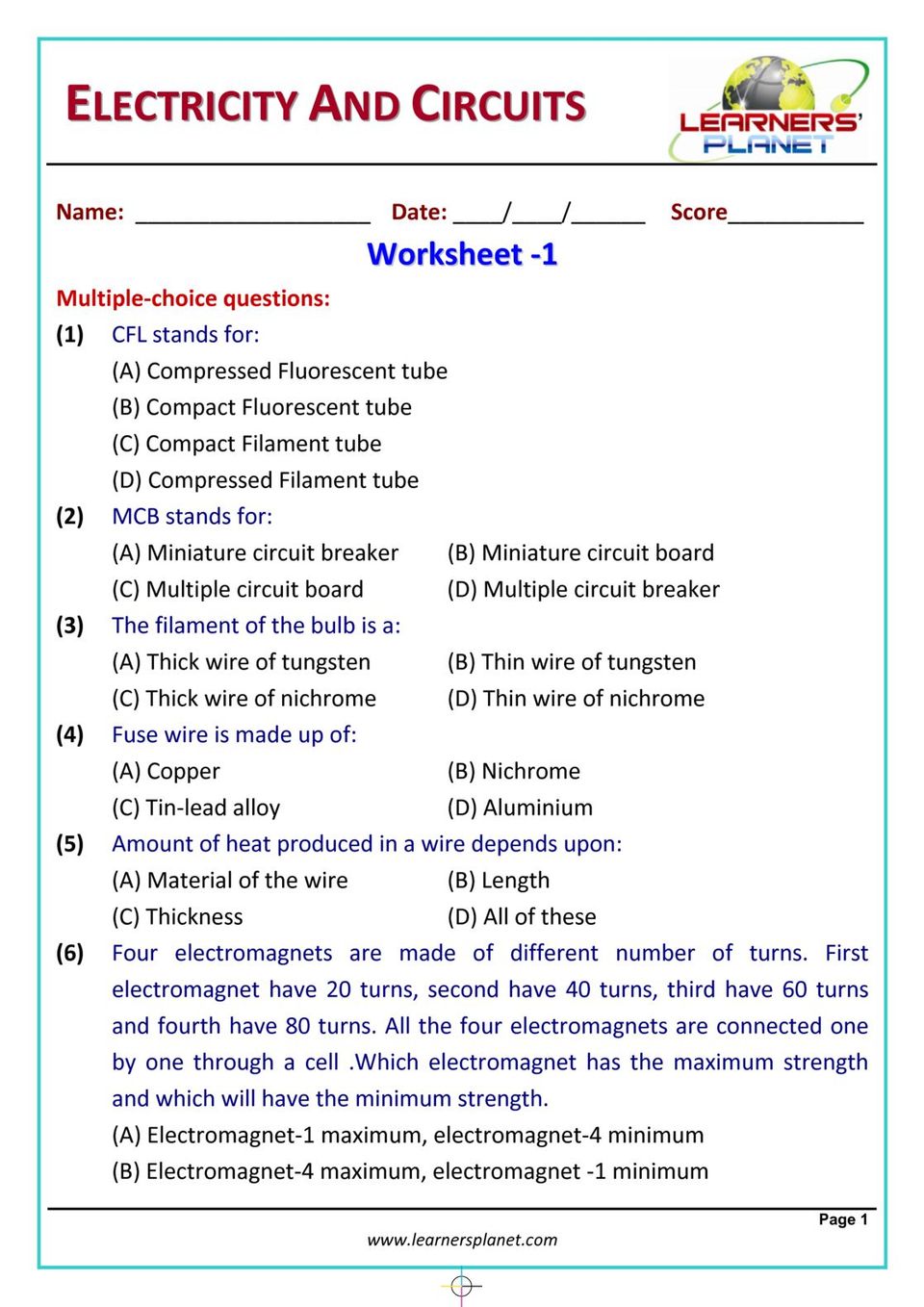 Electric Circuits Worksheets With Answers Pdf