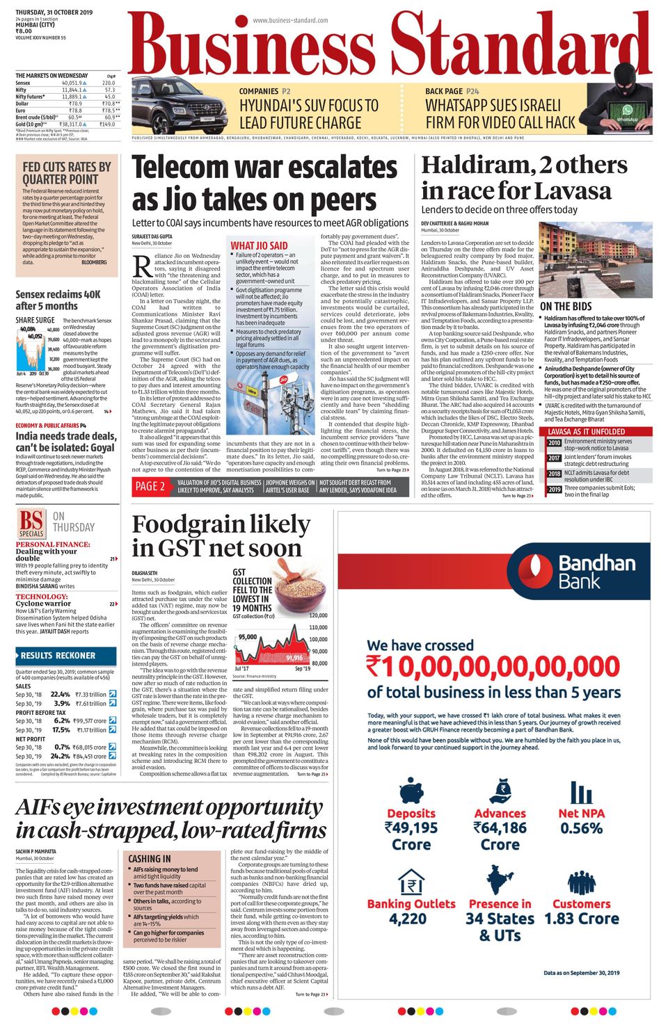 Business StandardOctober 31, 2019 Newspaper Get your Digital