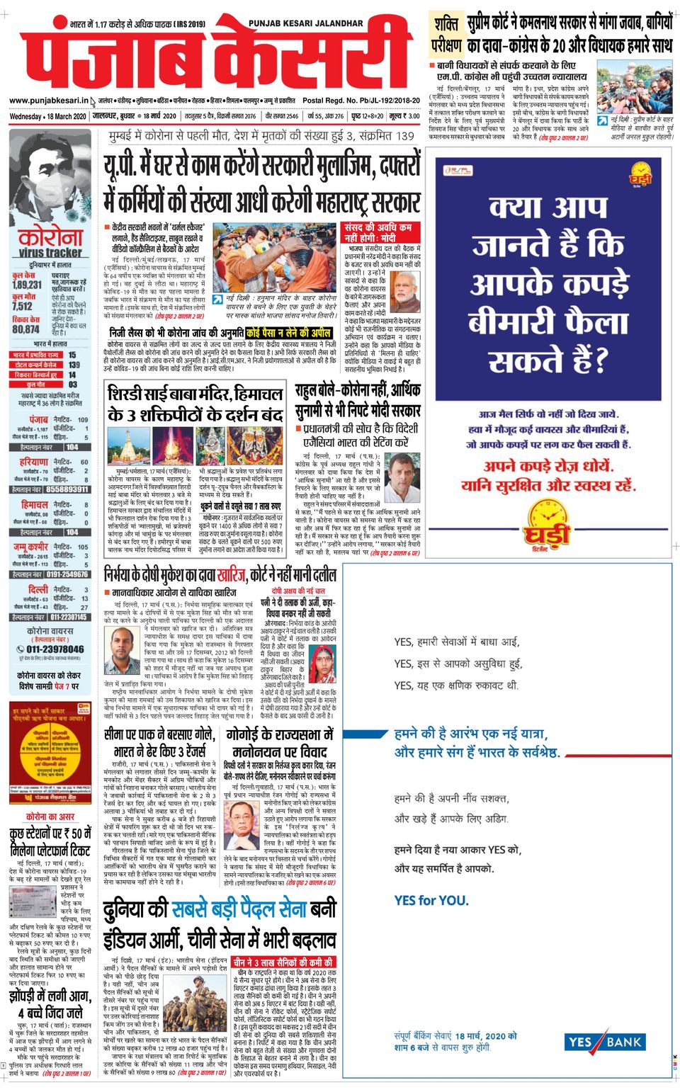 Punjab Kesari JalandharMarch 18, 2020 Newspaper