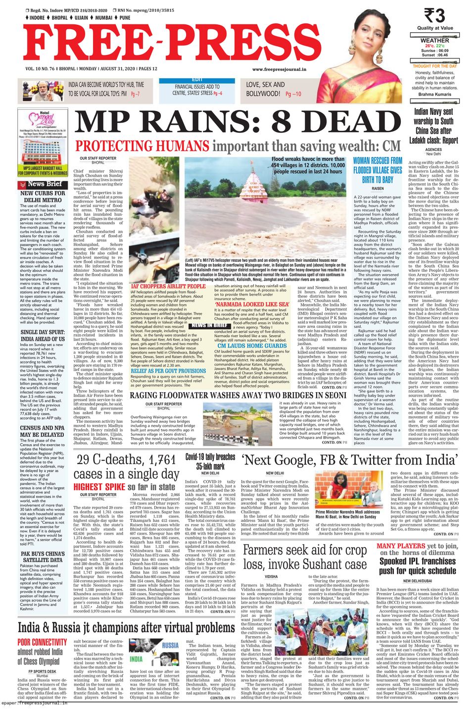 The Free Press Journal - Bhopal-August 31, 2020 Newspaper