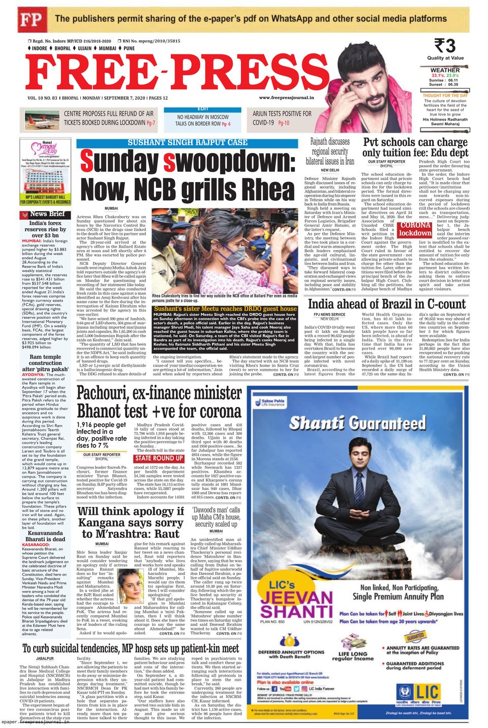 The Free Press Journal BhopalSeptember 07, 2020 Newspaper