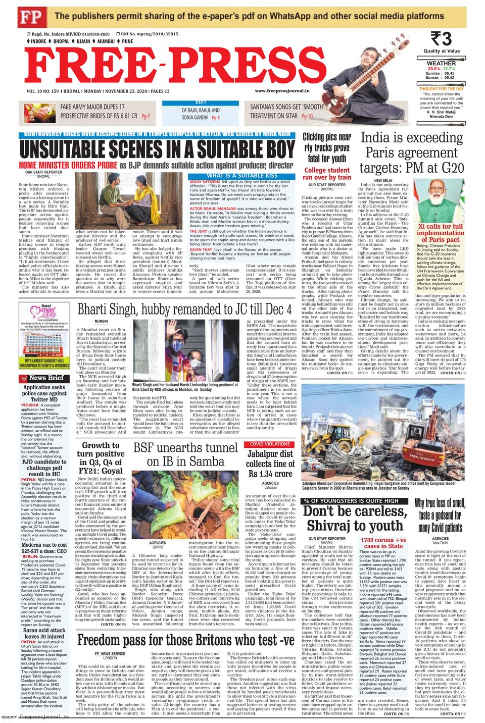 The Free Press Journal BhopalNovember 23, 2020 Newspaper
