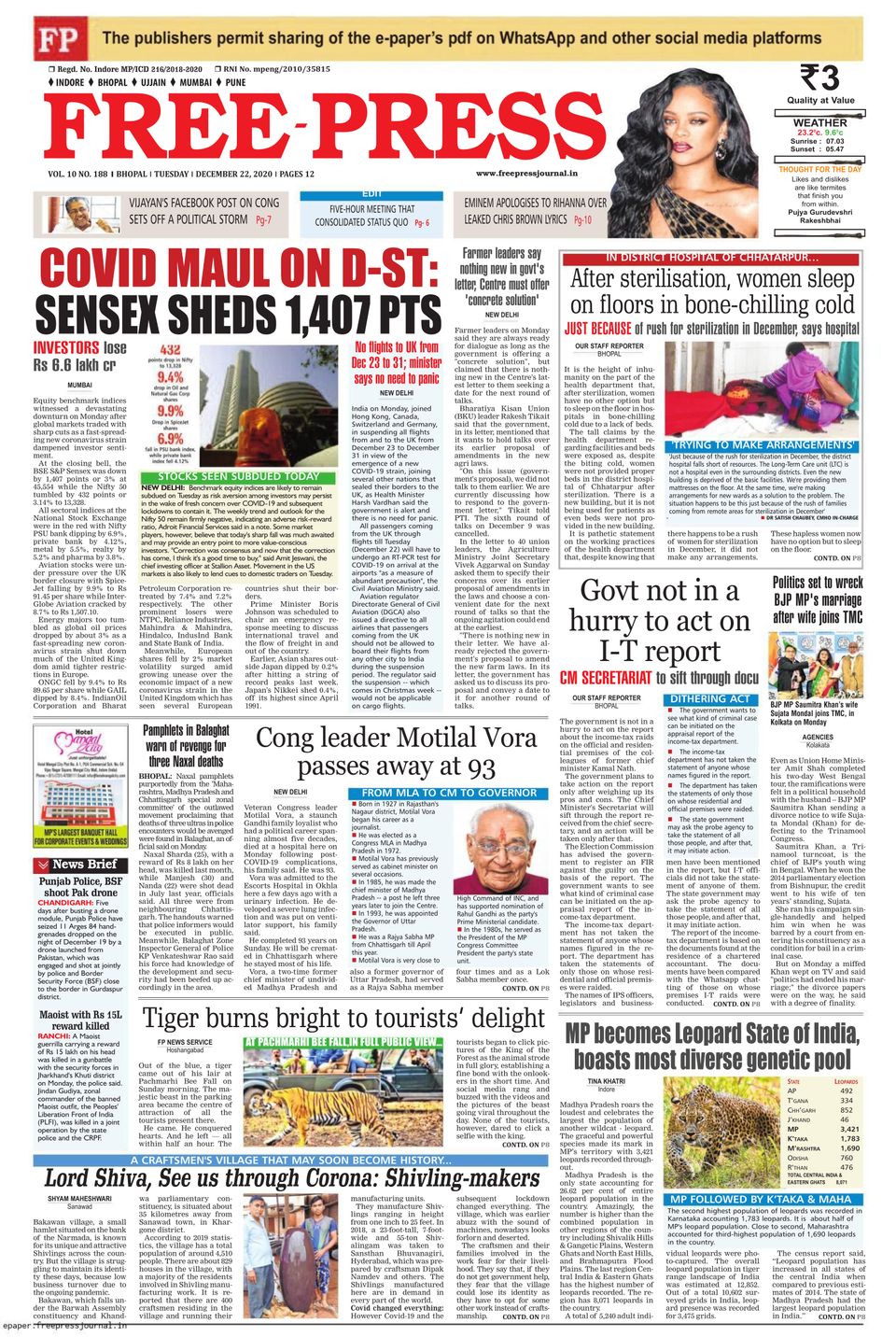 The Free Press Journal BhopalDecember 22, 2020 Newspaper