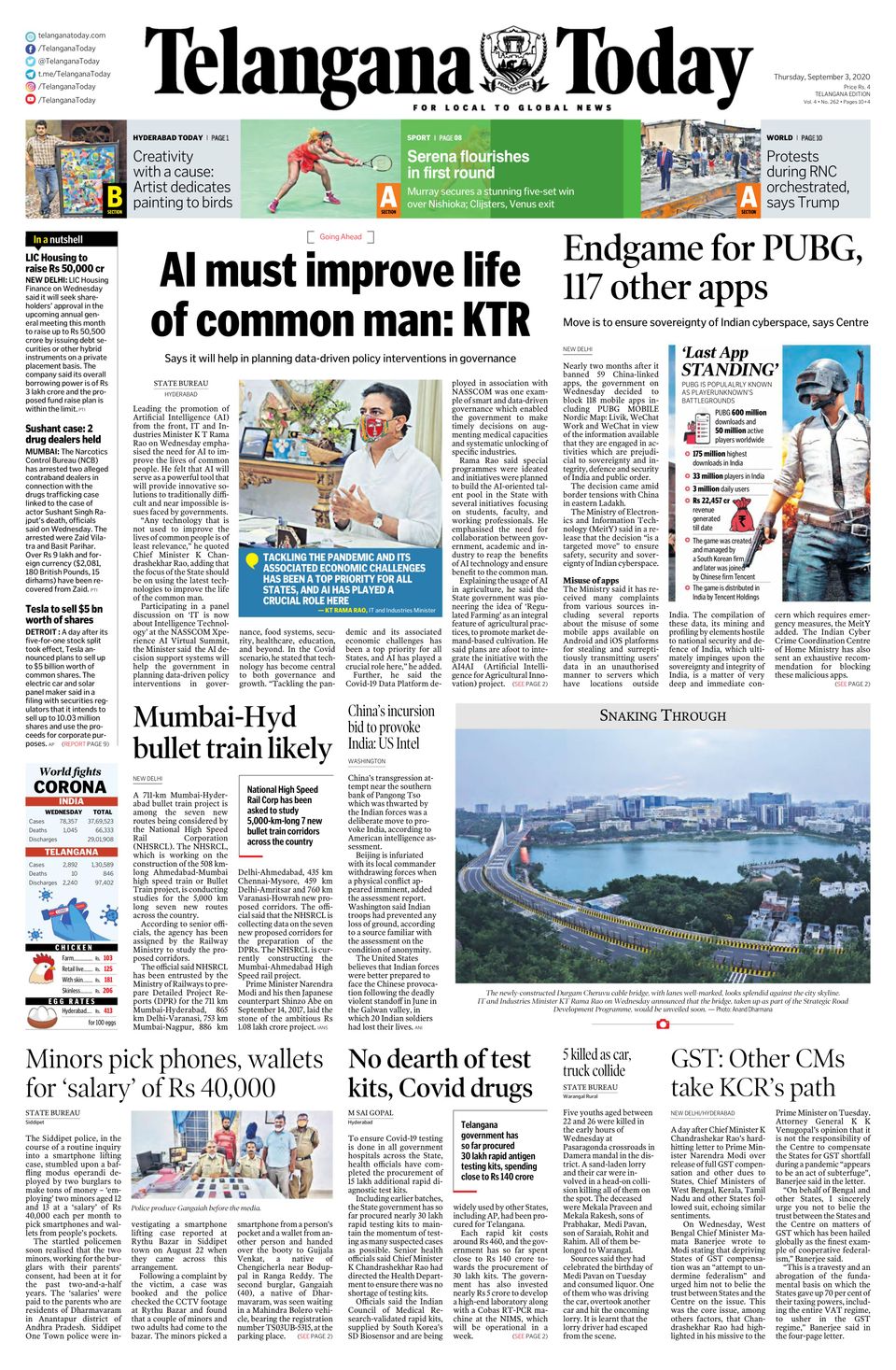 Telangana TodaySeptember 03, 2020 Newspaper Get your Digital