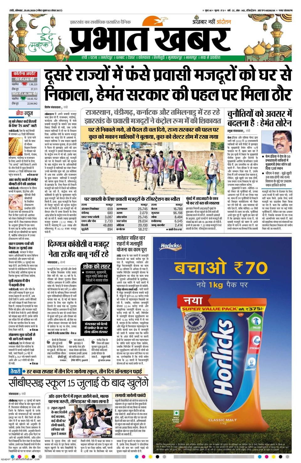 Prabhat Khabar RanchiMay 25, 2020 Newspaper Get your Digital
