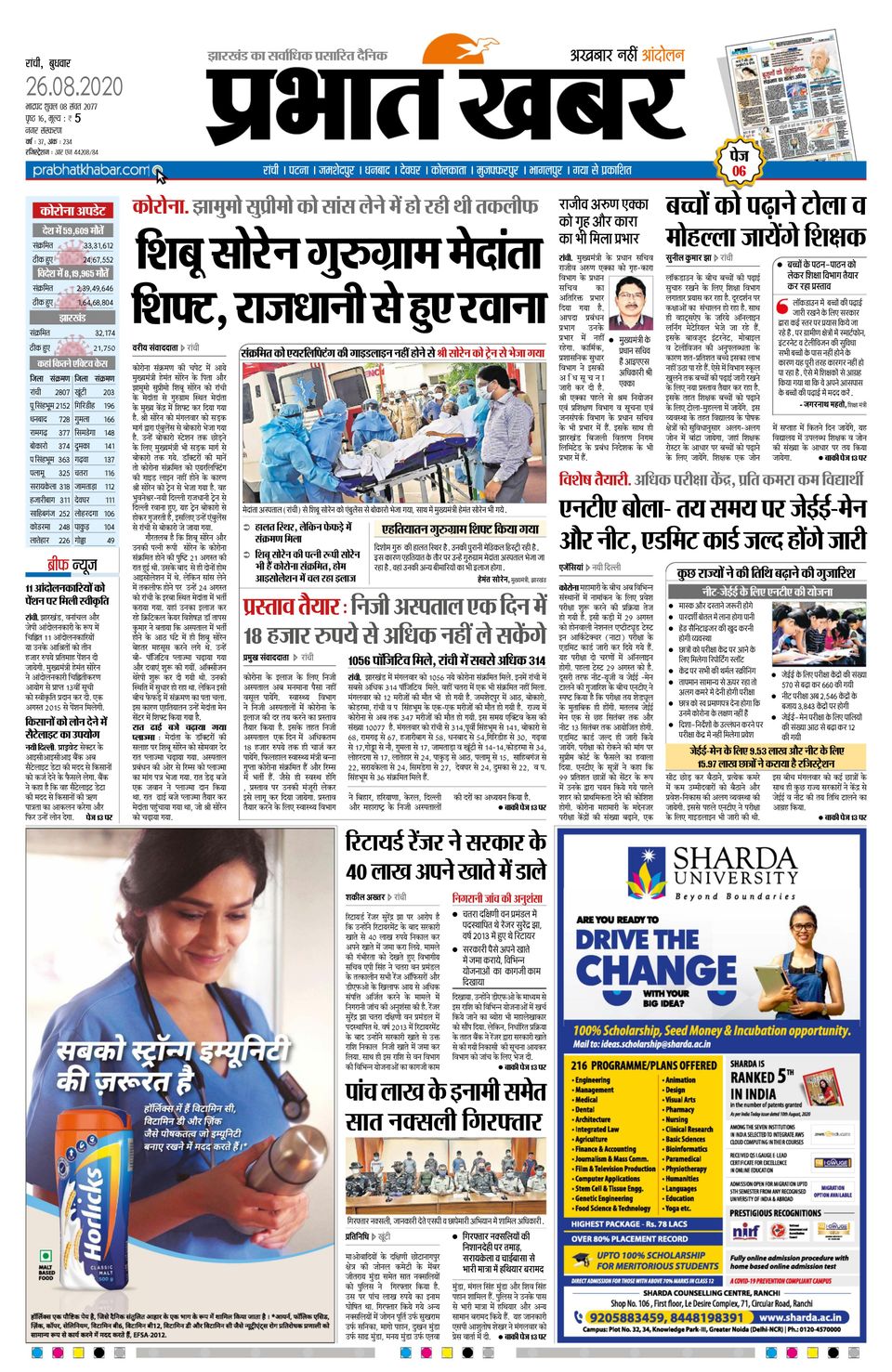 Prabhat Khabar Ranchi-August 26, 2020 Newspaper