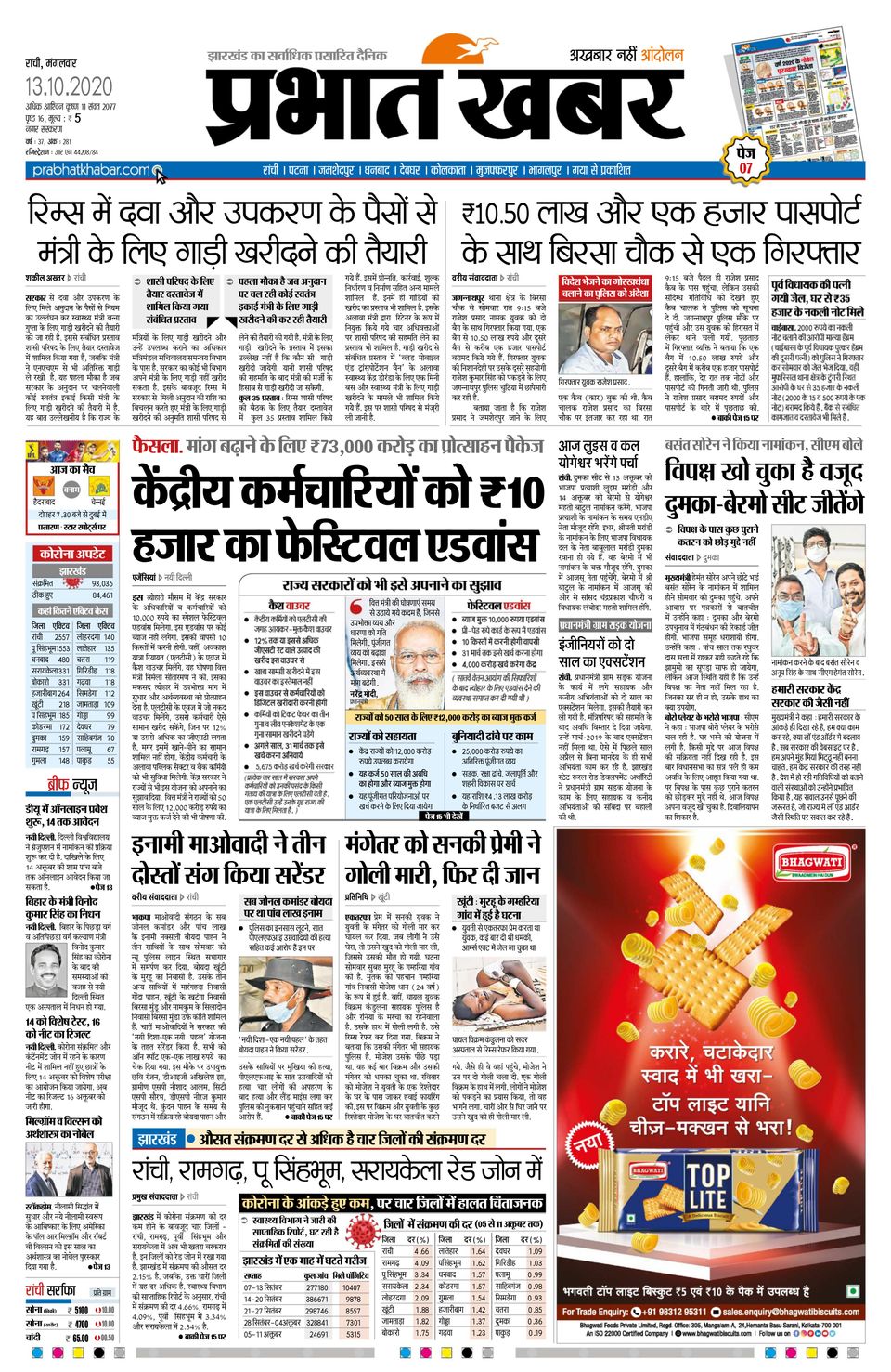 Prabhat Khabar Ranchi-October 13, 2020 Newspaper