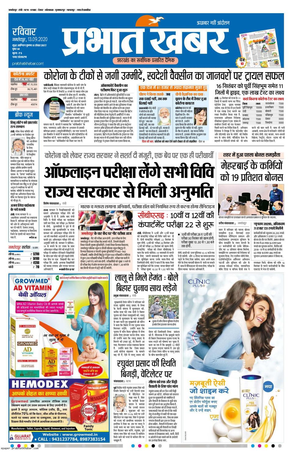 Prabhat Khabar JamshedpurSeptember 13, 2020 Newspaper