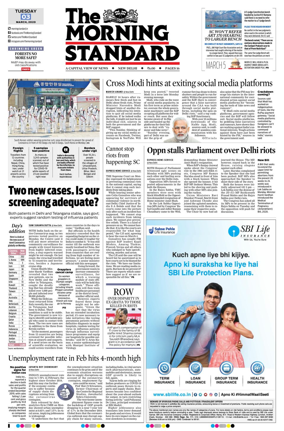The Morning StandardMarch 03,2020 Newspaper Get your Digital