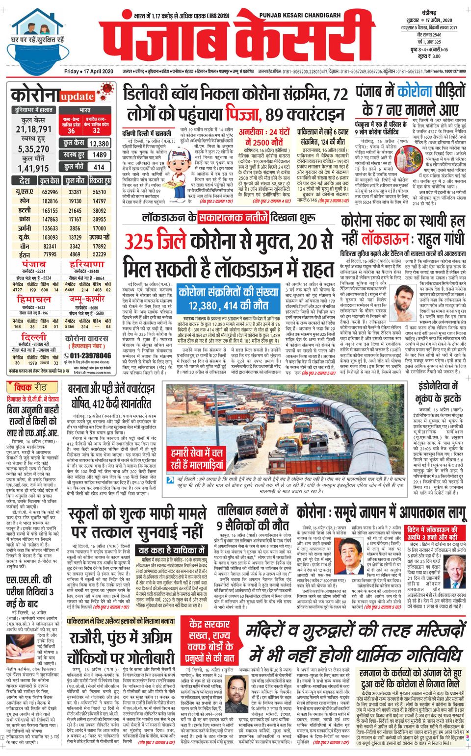 Punjab Kesari ChandigarhApril 17, 2020 Newspaper