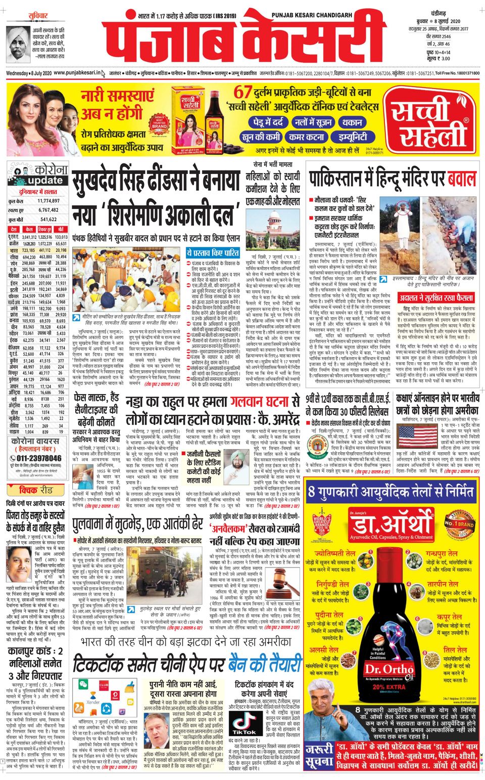 Punjab Kesari ChandigarhJuly 8, 2020 Newspaper