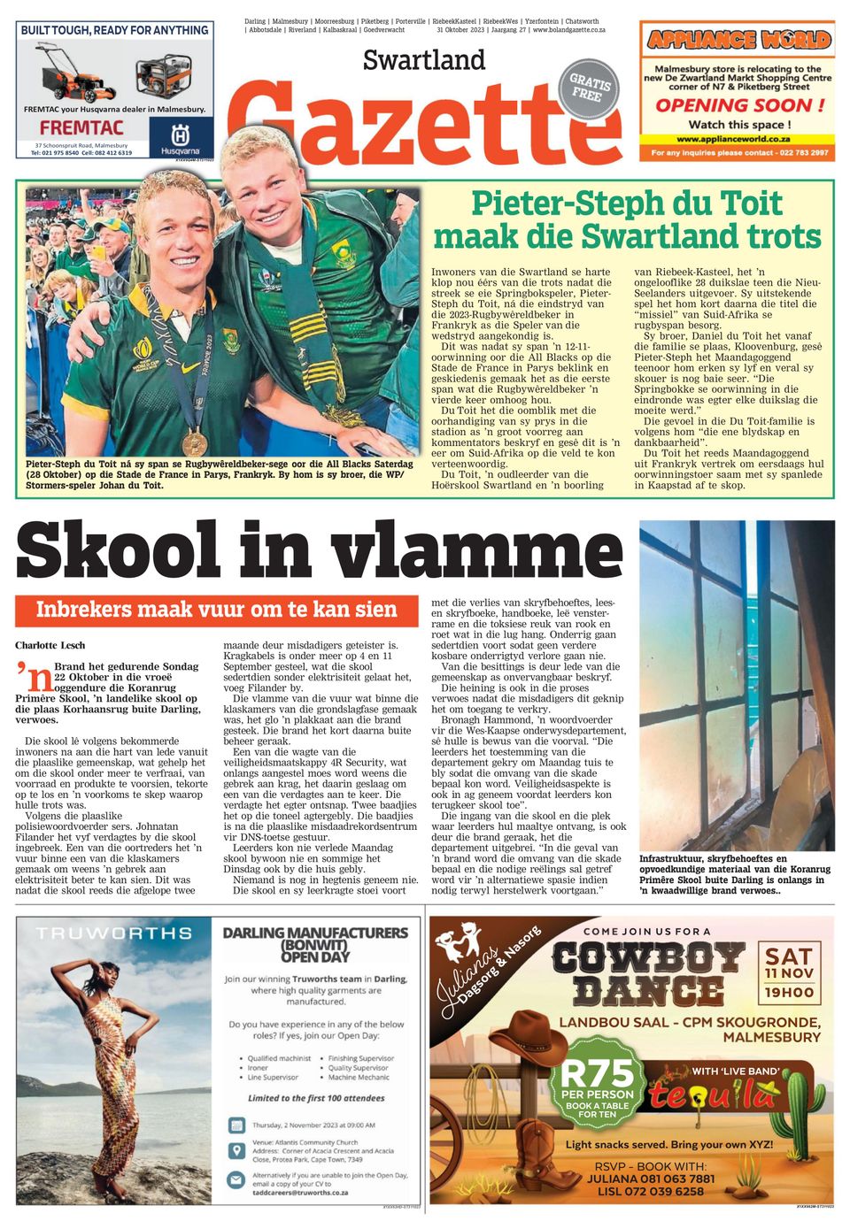 Swartland GazetteOctober 31, 2023 Newspaper Get your Digital
