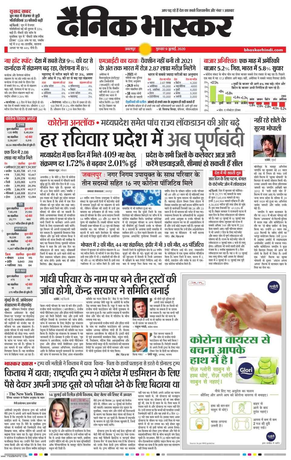 Dainik Bhaskar JabalpurJuly 09, 2020 Newspaper
