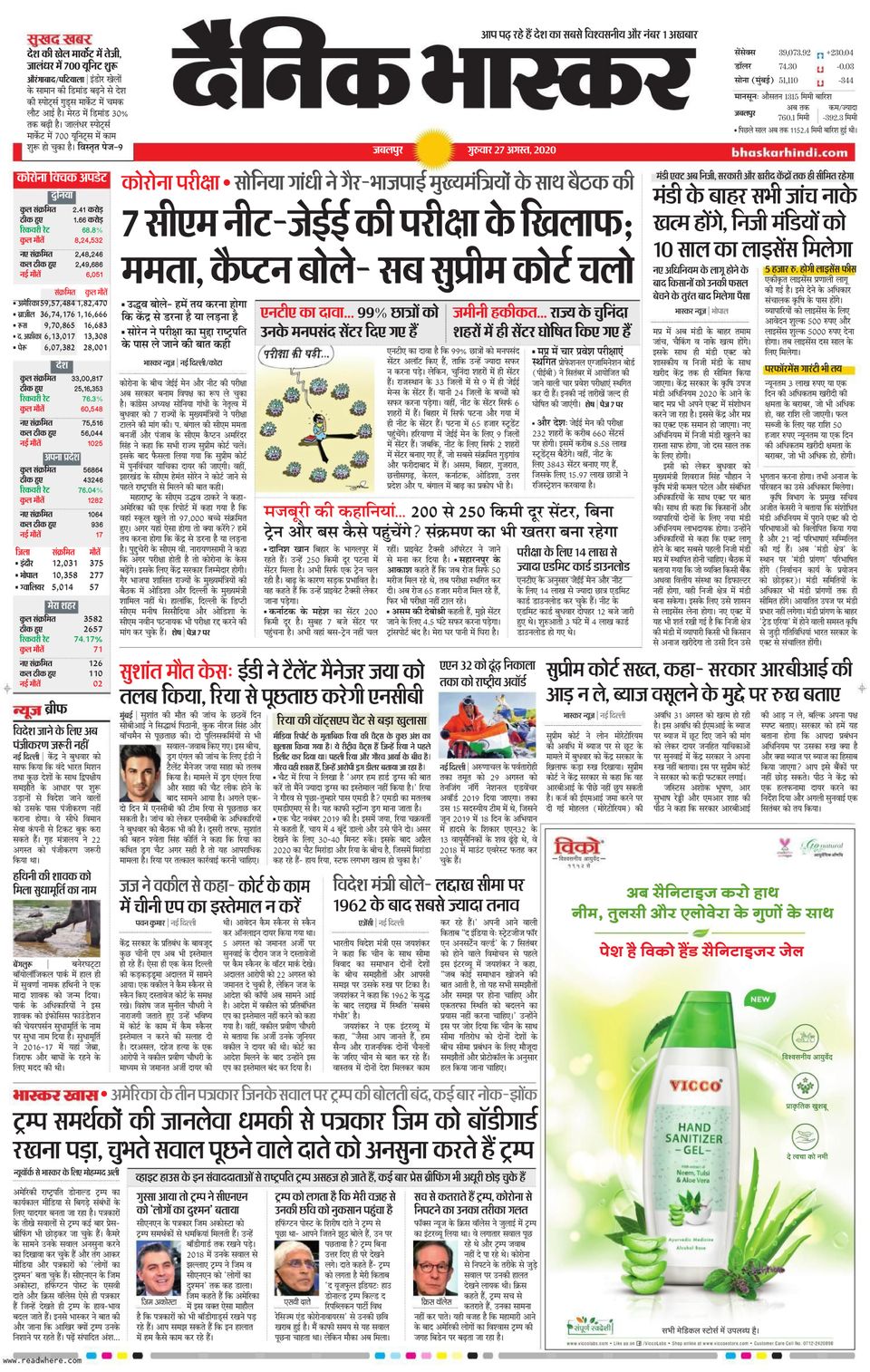 Dainik Bhaskar JabalpurAugust 27, 2020 Newspaper