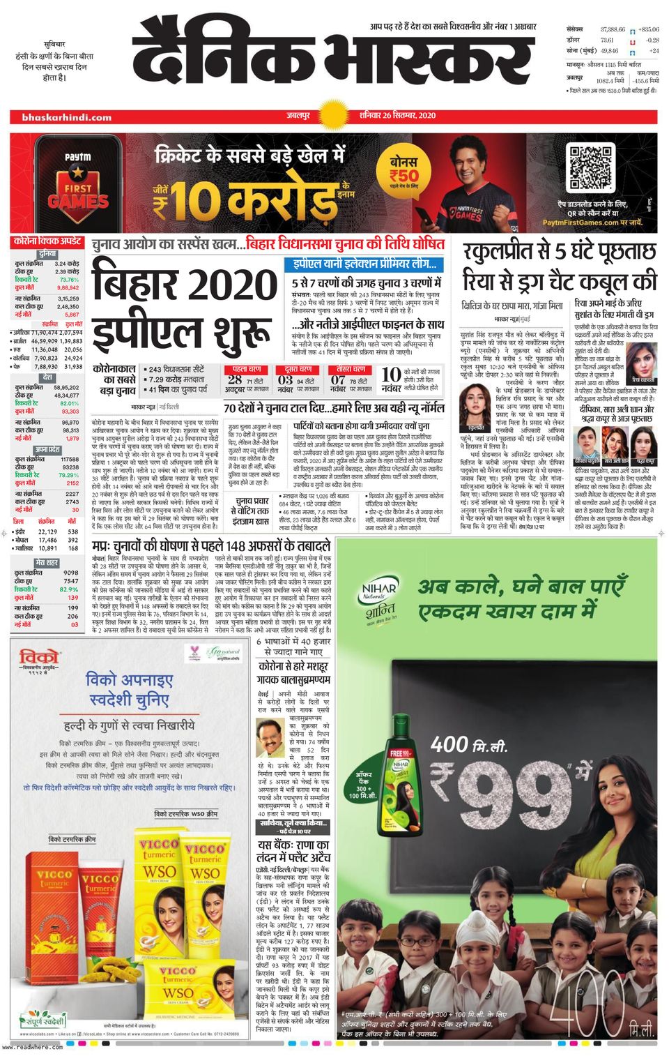 Dainik Bhaskar JabalpurSeptember 26, 2020 Newspaper