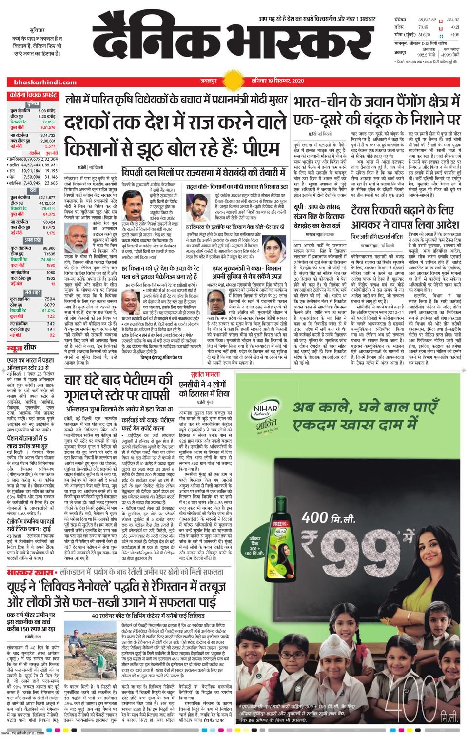 Dainik Bhaskar DamohSeptember 19, 2020 Newspaper