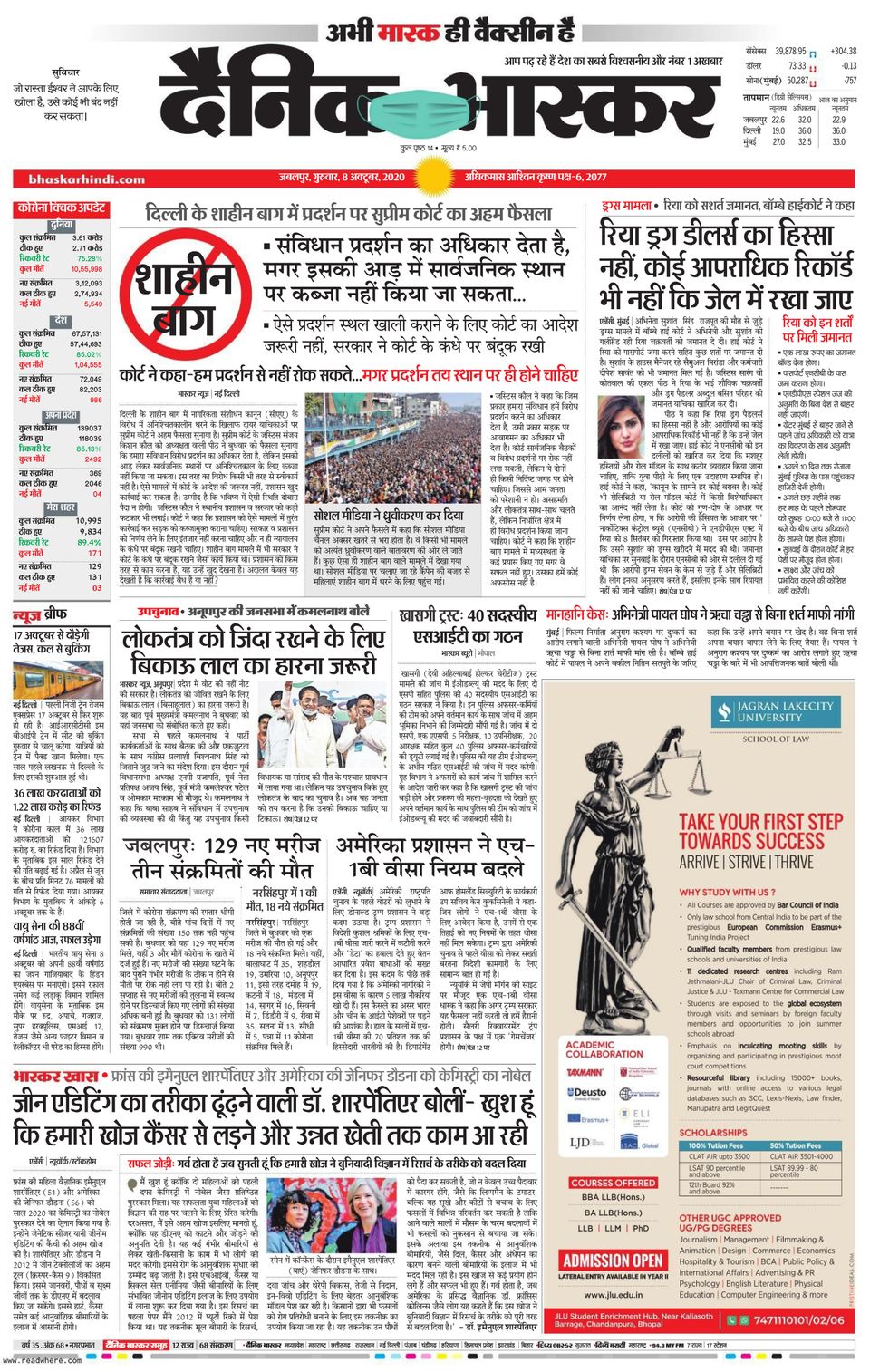 Dainik Bhaskar MandlaOctober 08, 2020 Newspaper