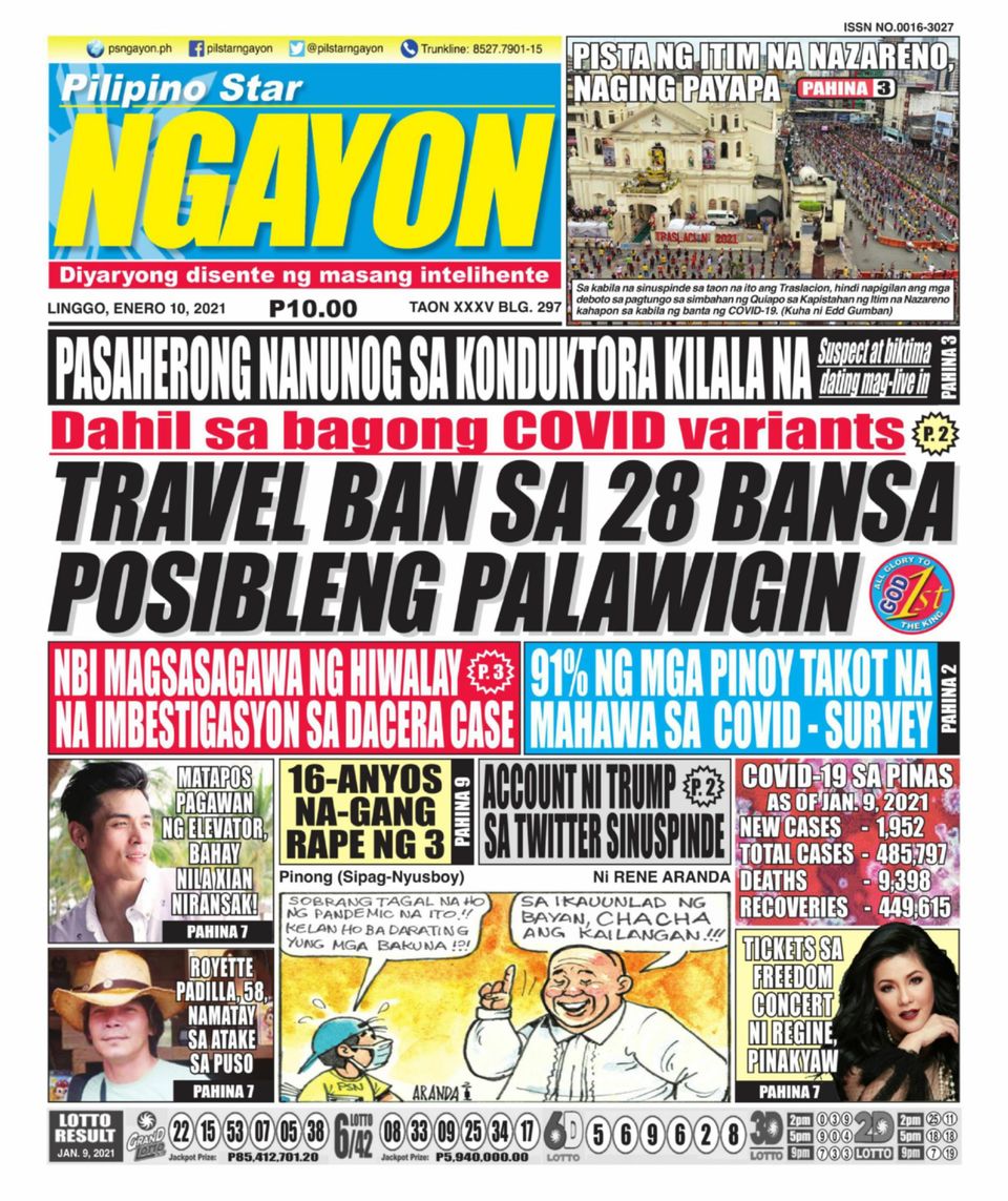 Pilipino Star NgayonJanuary 10, 2021 Newspaper