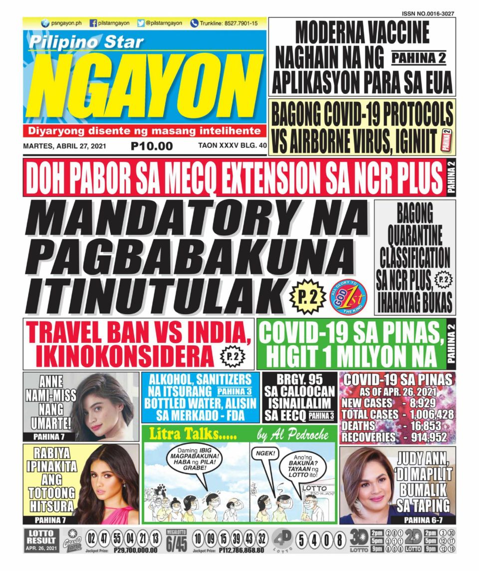 Pilipino Star NgayonApril 27, 2021 Newspaper Get your Digital