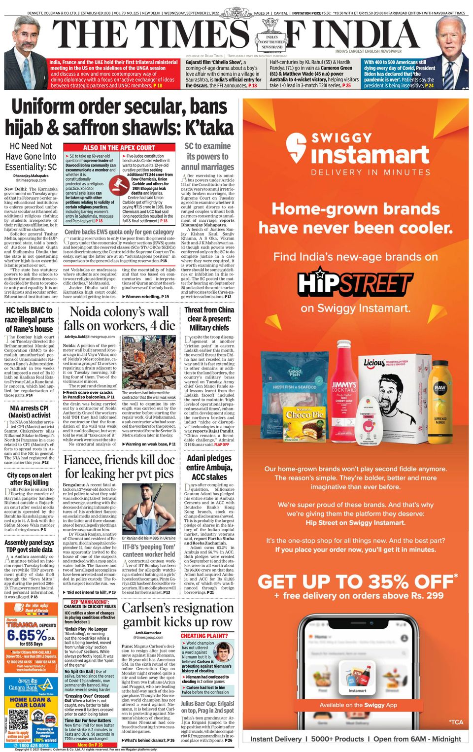The Times of India DelhiSeptember 21, 2022 Newspaper