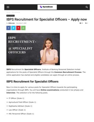 Gyaangram Jobs - IBPS Recruitment for Specialist Officers – Apply now Gyaangram Jobs Cover - IBPS Recruitment for Specialist Officers – Apply now Edition